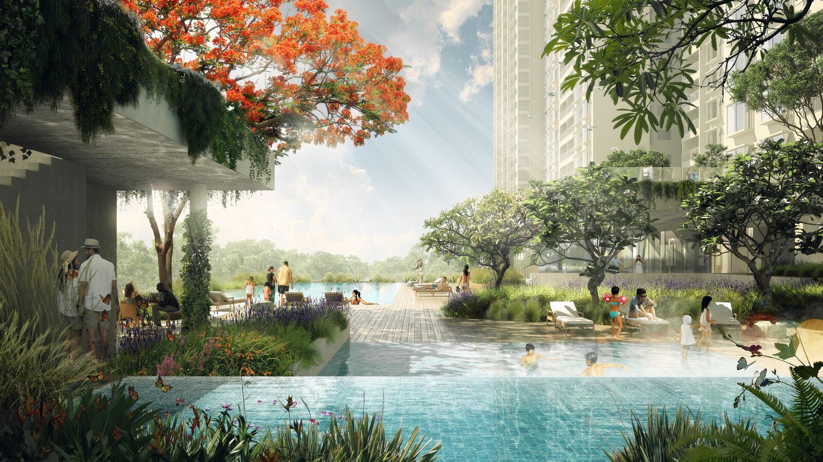 Nikoo Homes 9 swimming pool and Black Swan Clubhouse amenity area at KIADB Bagalur